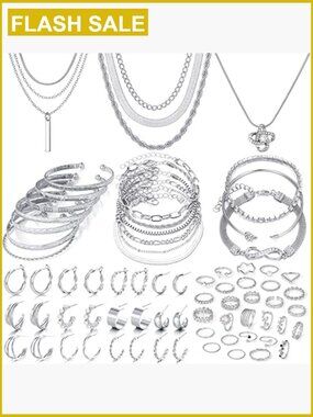36 Piece Silver Plated Jewelry Set with Necklace, Bracelets, Earrings, Rings